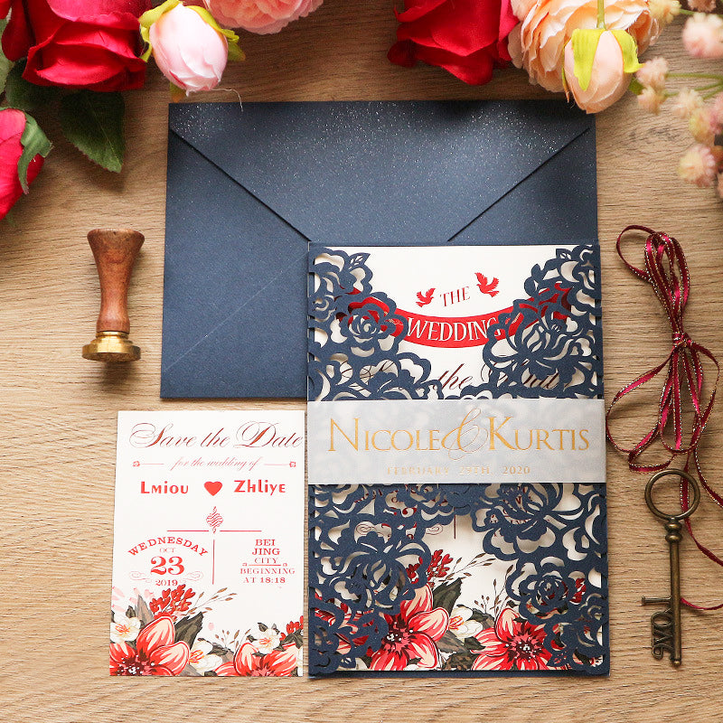 Elegant Laser Cut Floral Wedding Invitation Suite | Custom Vellum Belly Band & Shimmer Envelope