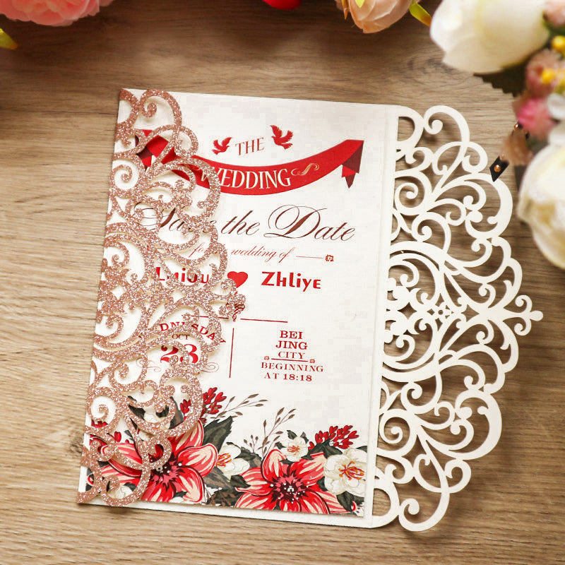 Elegant Laser Cut Floral Wedding Invitation Suite | Custom Vellum Belly Band & Shimmer Envelope