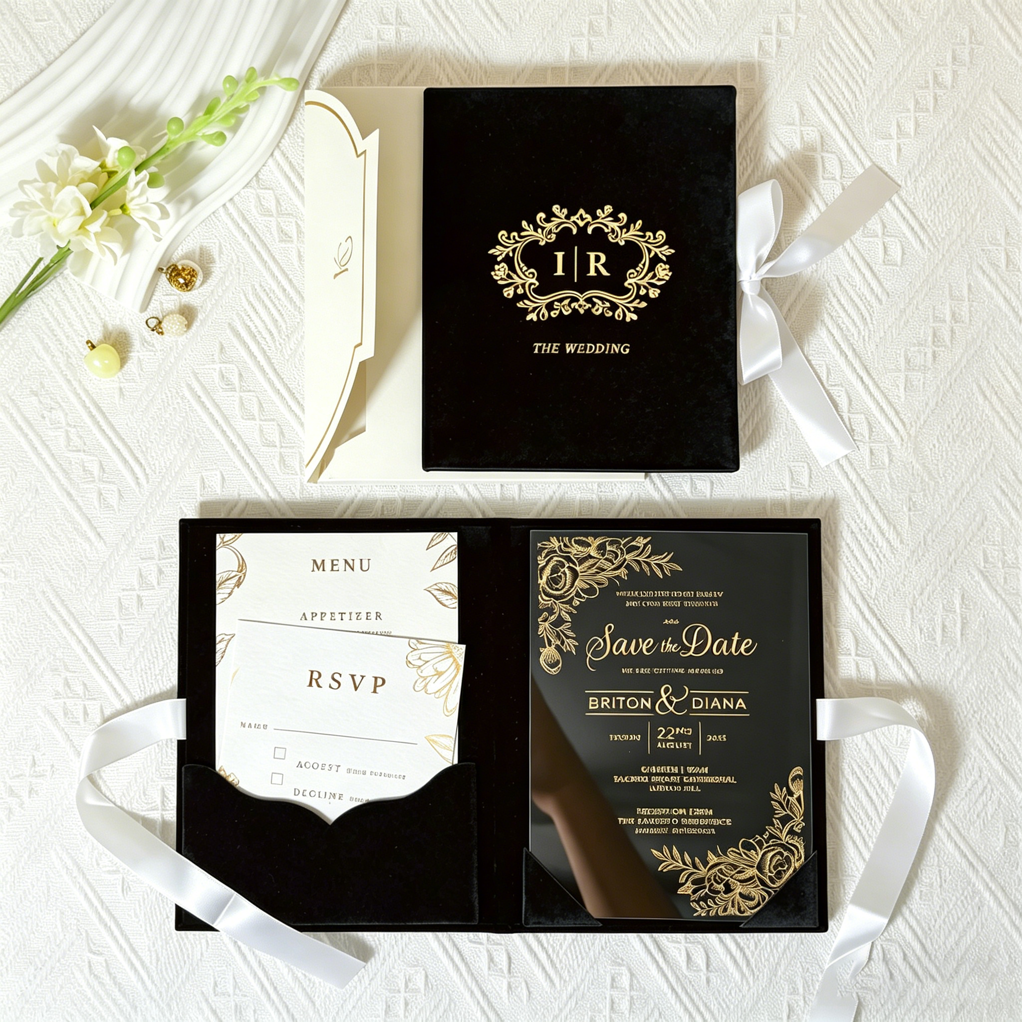Luxury Black Velvet Folio Wedding Invitation Suite with Gold Foil Acrylic Invite & Monogram
