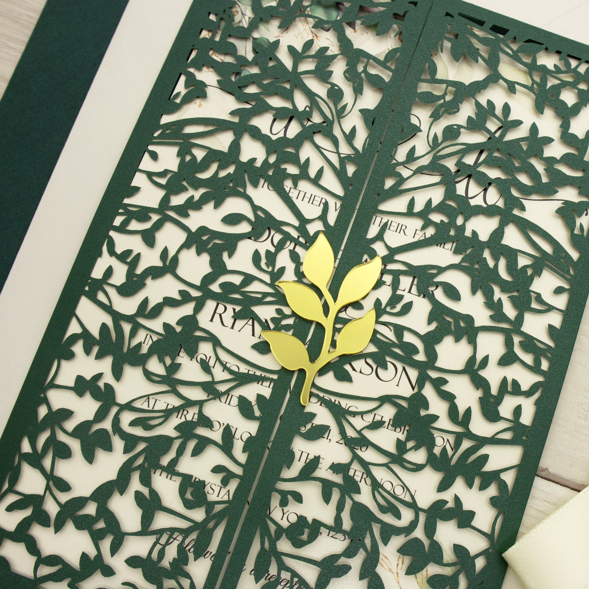 Elegant Emerald Green Laser Cut Gatefold Wedding Invitations with Gold Leaf Clasp