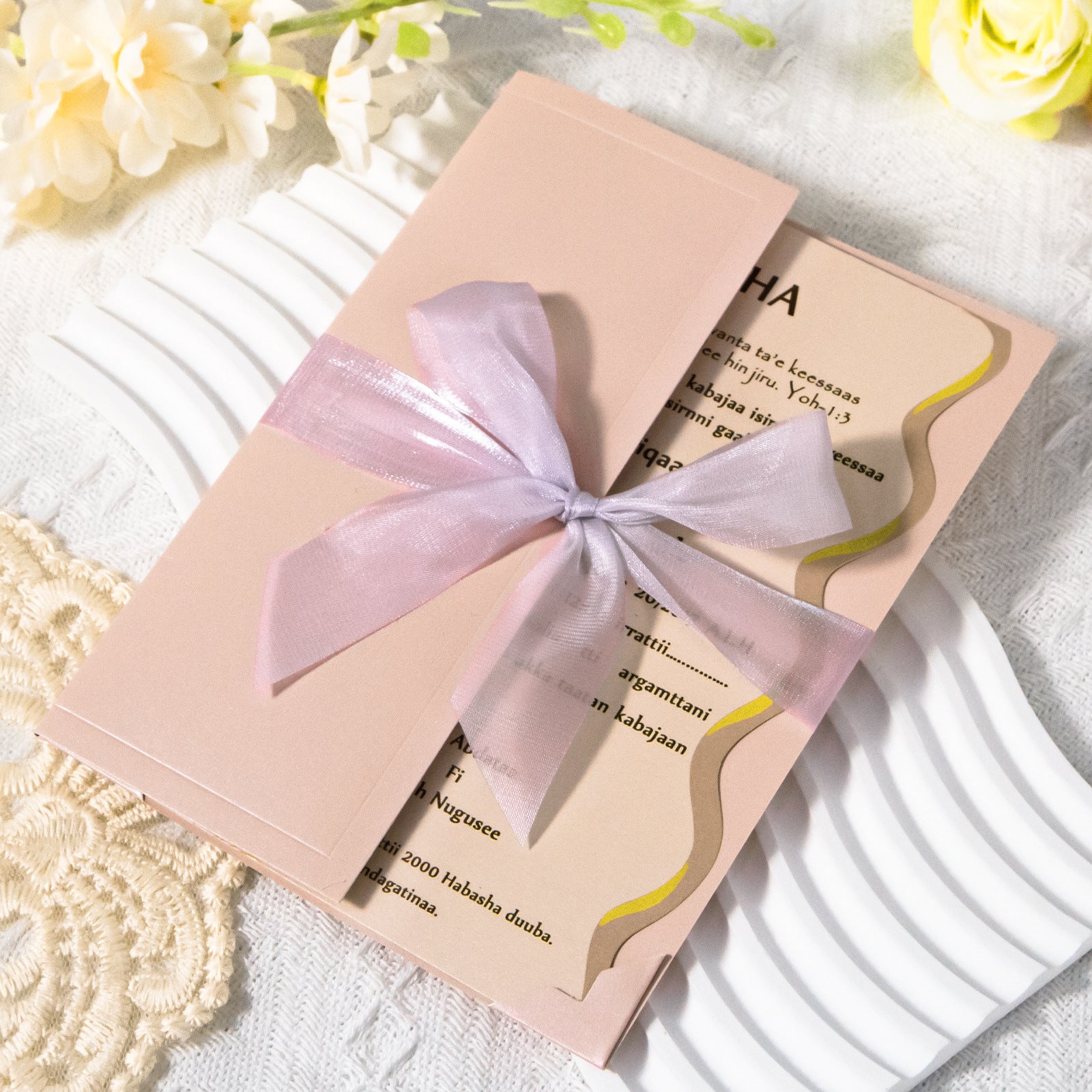 Soft Mauve Folded Wedding Invitation with Custom Belly Band Ribbon