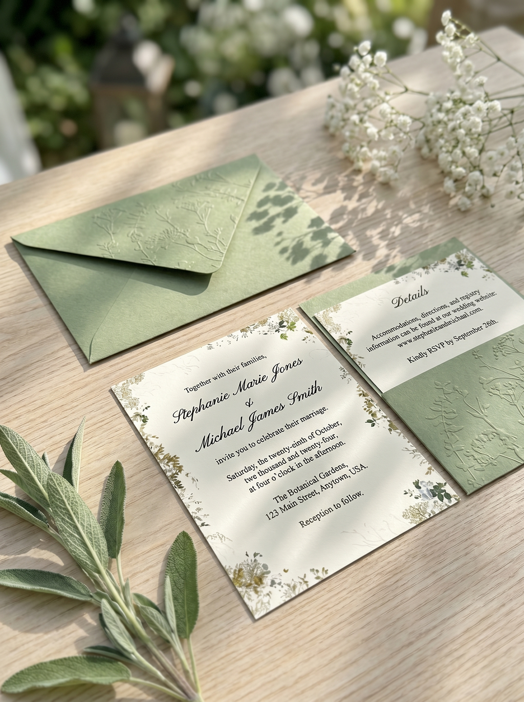 Sage Green Embossed Botanical Wedding Invitation Suite | Floral Pocket Fold