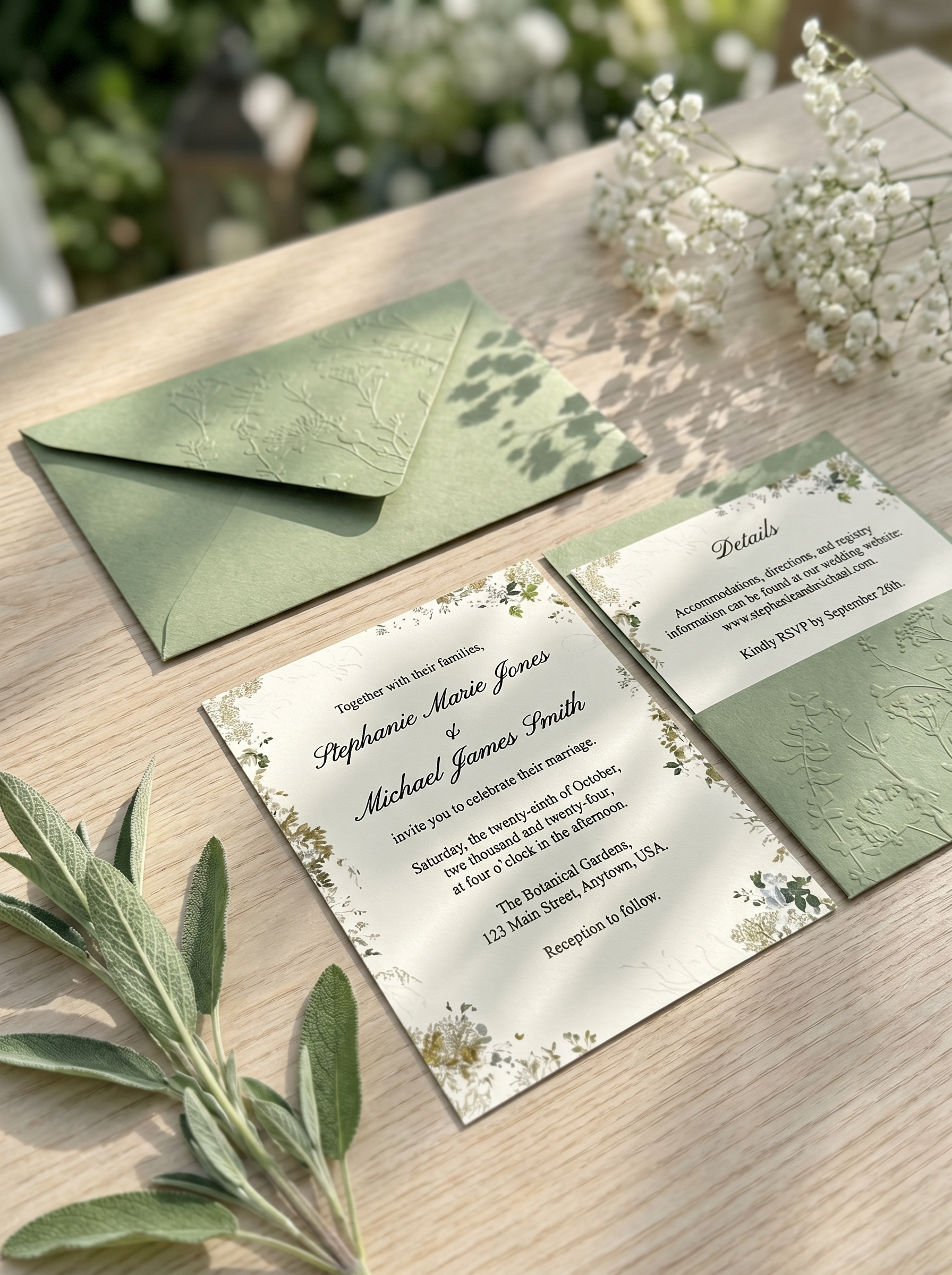 Sage Green Embossed Botanical Wedding Invitation Suite | Floral Pocket Fold