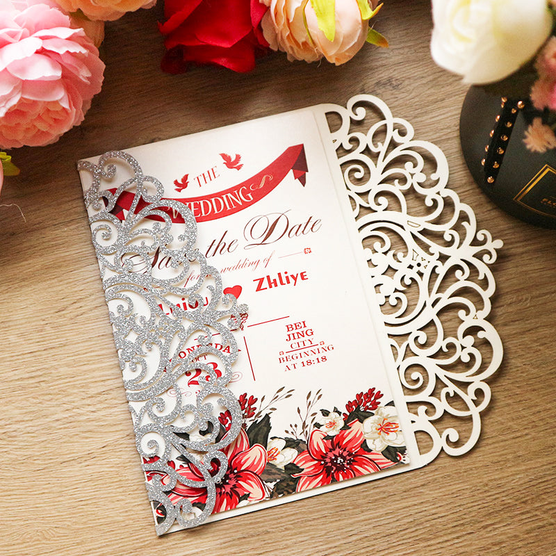 Elegant Laser Cut Floral Wedding Invitation Suite | Custom Vellum Belly Band & Shimmer Envelope