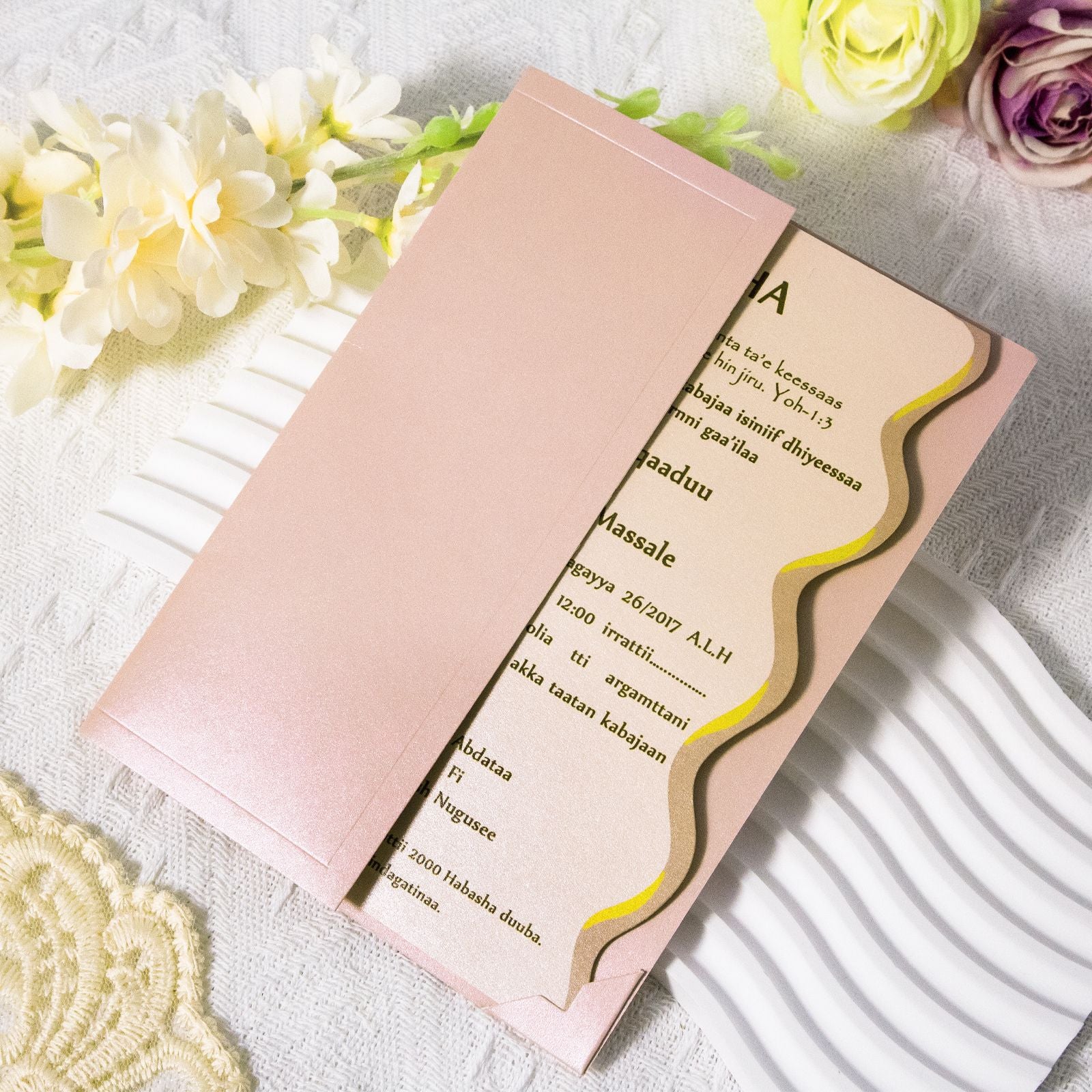 Soft Mauve Folded Wedding Invitation with Custom Belly Band Ribbon