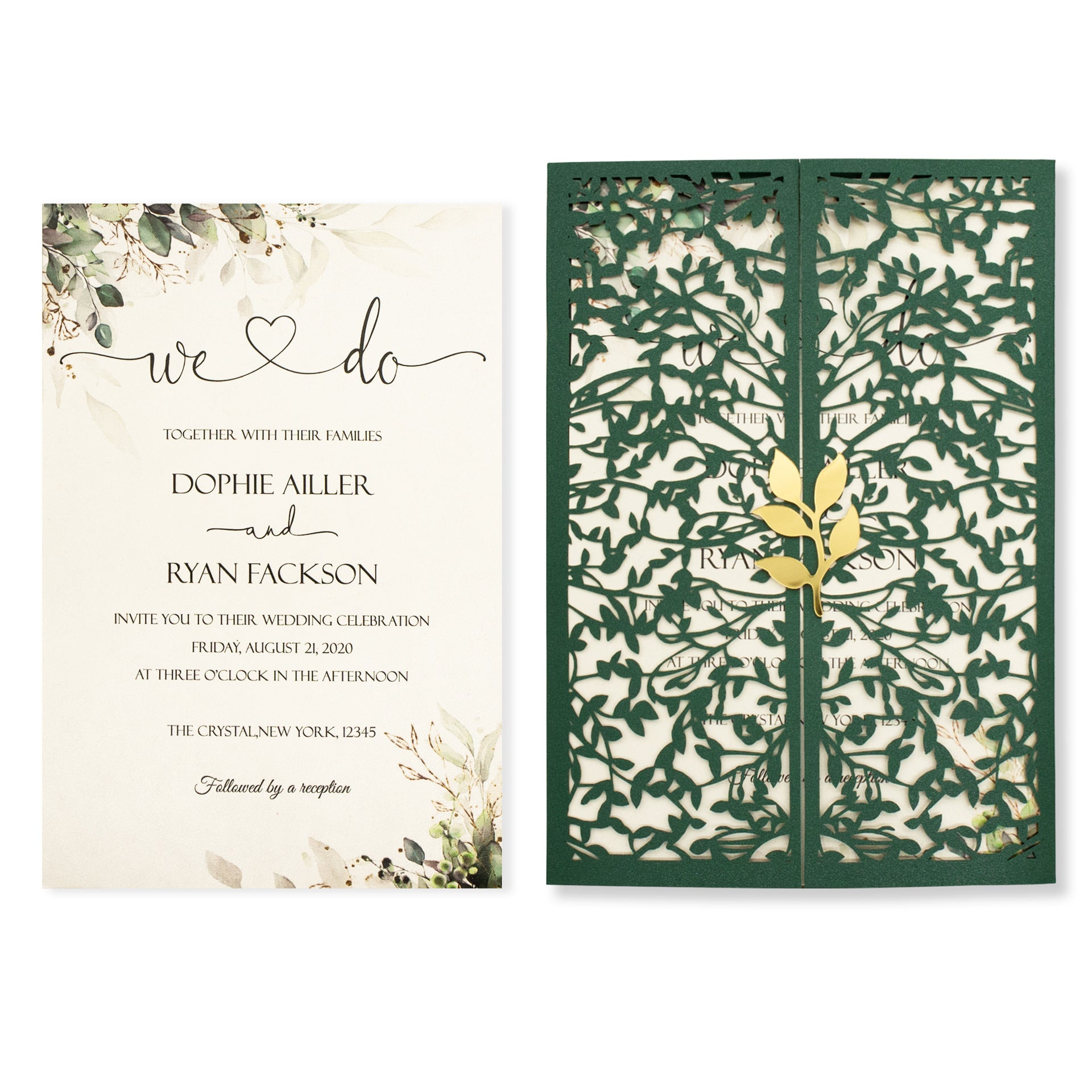 Elegant Emerald Green Laser Cut Gatefold Wedding Invitations with Gold Leaf Clasp