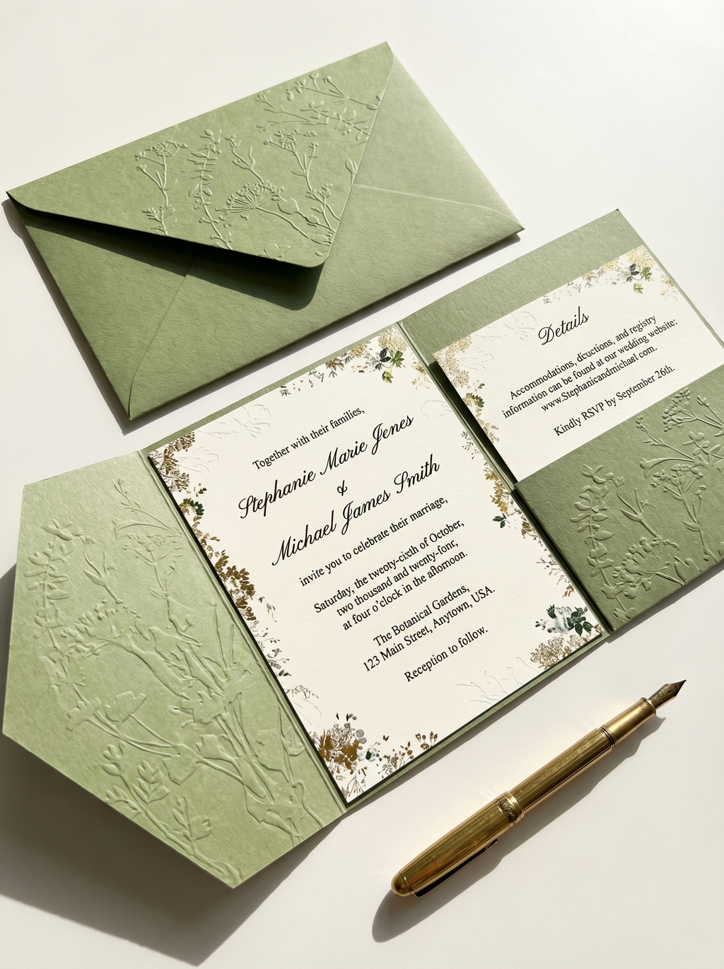 Sage Green Embossed Botanical Wedding Invitation Suite | Floral Pocket Fold