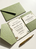 Sage Green Embossed Botanical Wedding Invitation Suite | Floral Pocket Fold