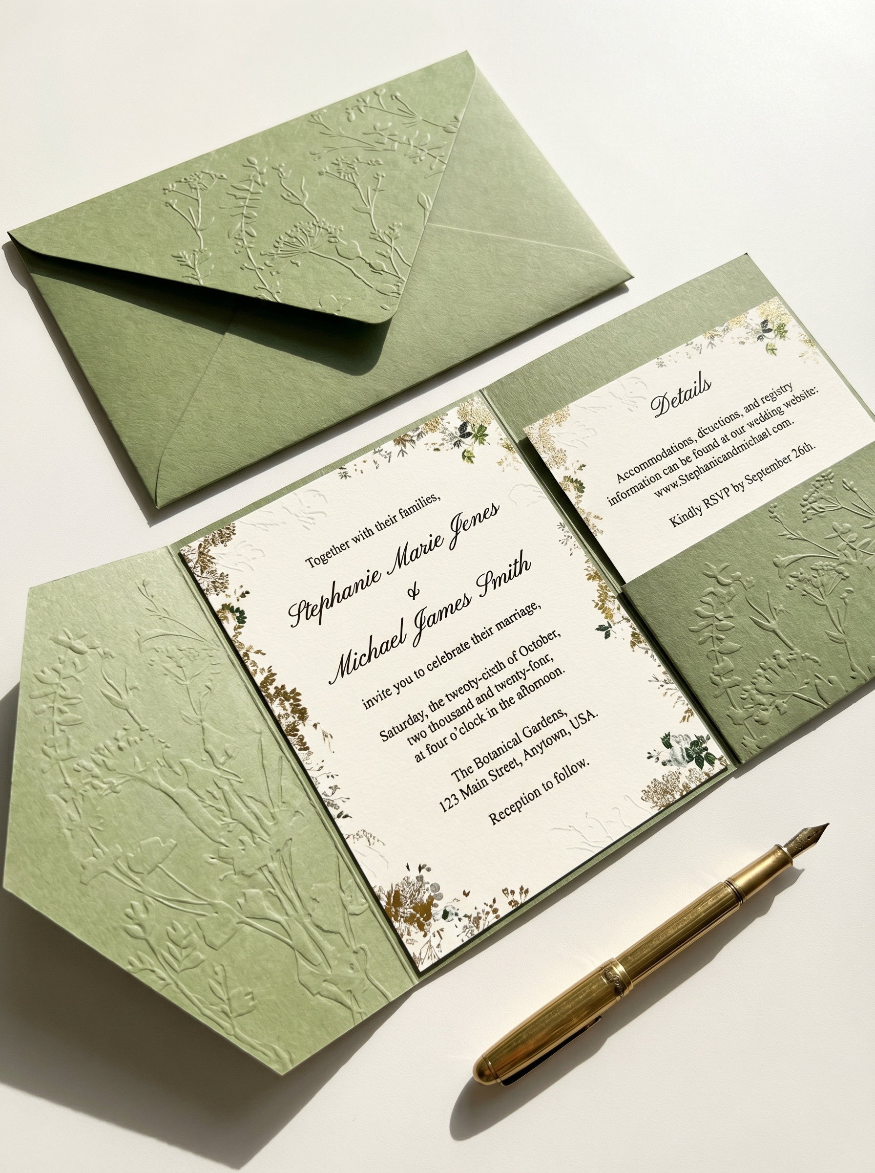 Sage Green Embossed Botanical Wedding Invitation Suite | Floral Pocket Fold