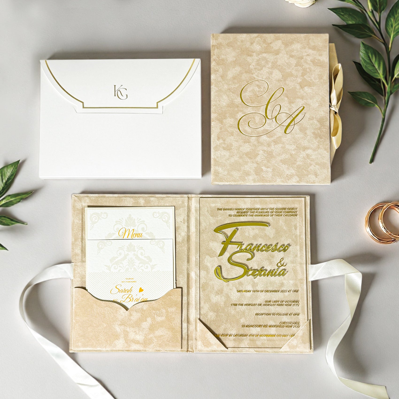 Luxury Black Velvet Folio Wedding Invitation Suite with Gold Foil Acrylic Invite & Monogram