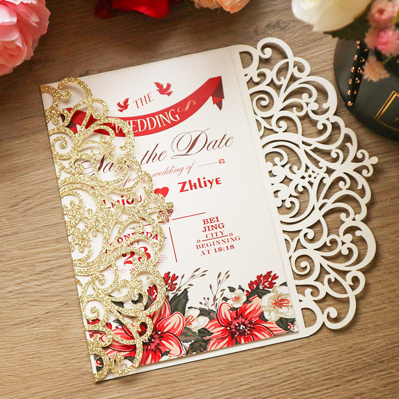 Elegant Laser Cut Floral Wedding Invitation Suite | Custom Vellum Belly Band & Shimmer Envelope