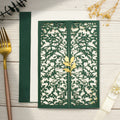Elegant Emerald Green Laser Cut Gatefold Wedding Invitations with Gold Leaf Clasp