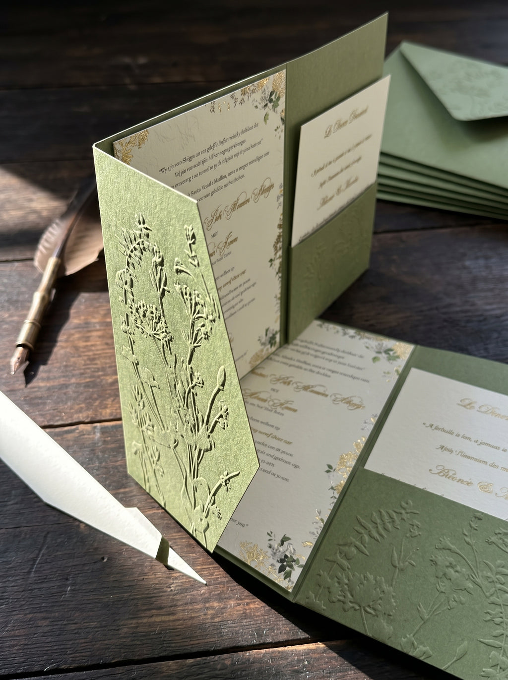 Sage Green Embossed Botanical Wedding Invitation Suite | Floral Pocket Fold
