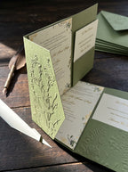 Sage Green Embossed Botanical Wedding Invitation Suite | Floral Pocket Fold