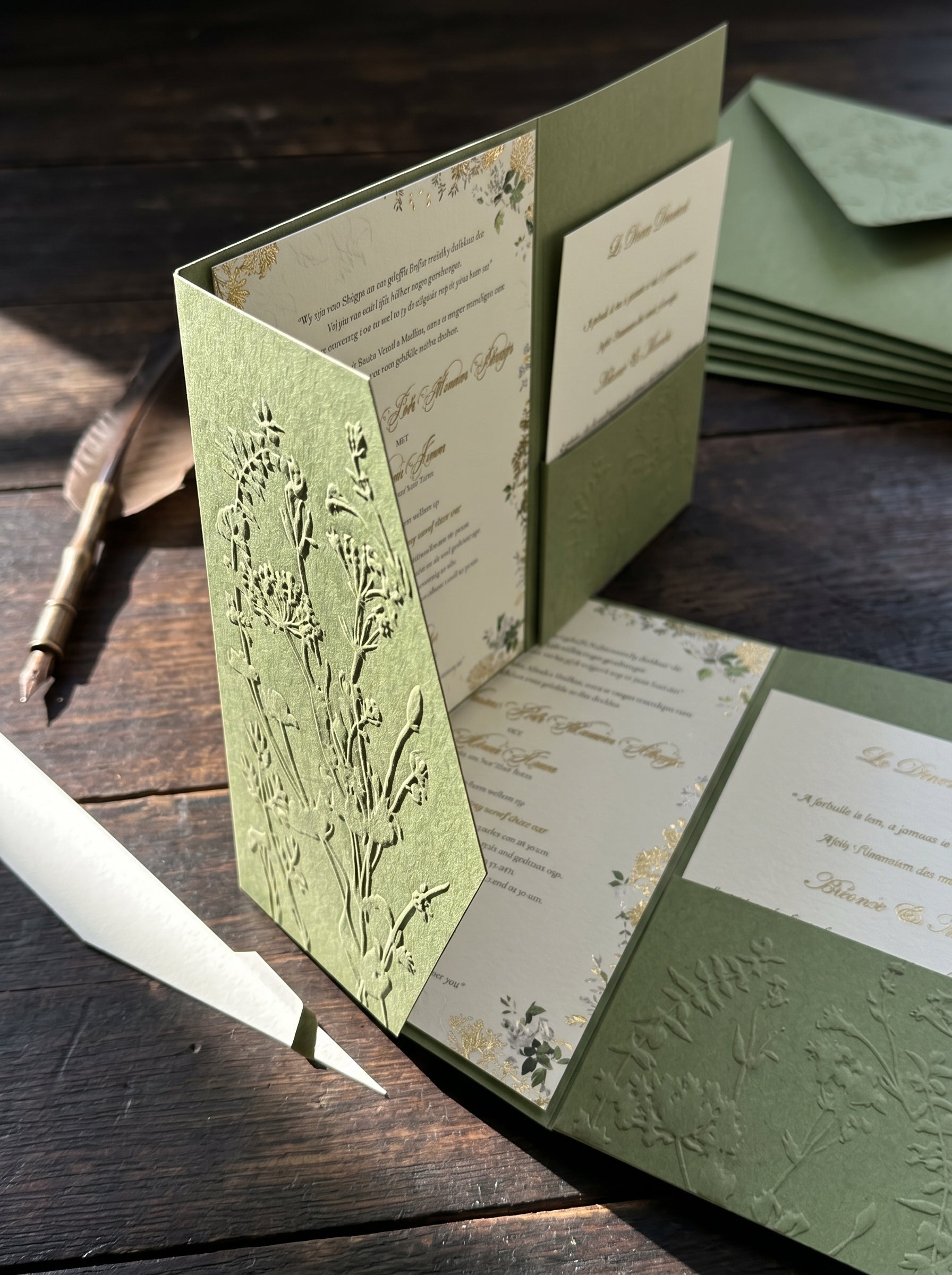 Sage Green Embossed Botanical Wedding Invitation Suite | Floral Pocket Fold