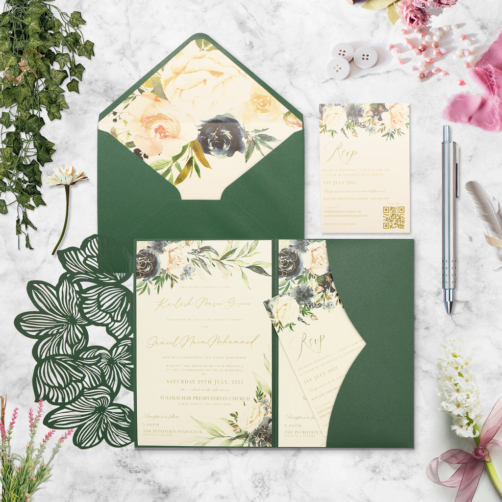 Emerald Green Laser Cut Pocket Wedding Invitations with Floral Envelope Liners & Printed Inserts
