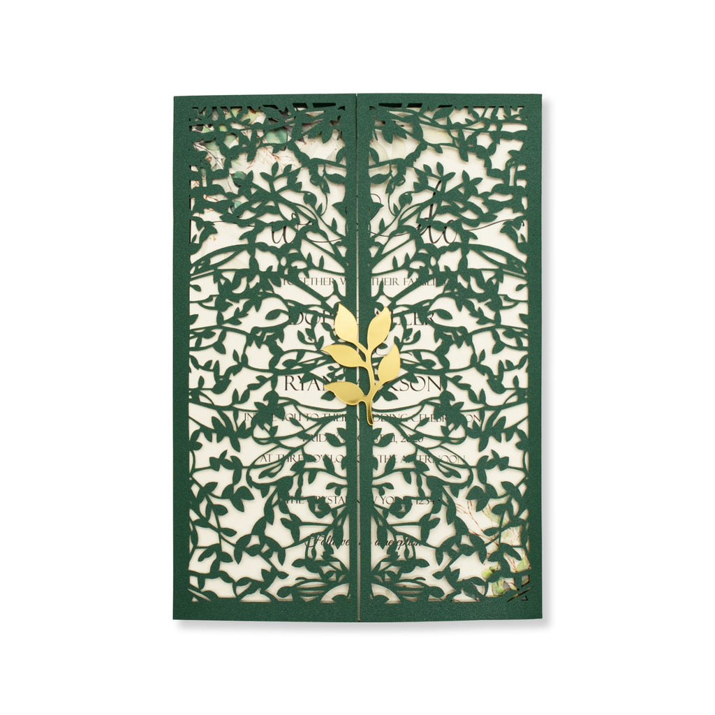Elegant Emerald Green Laser Cut Gatefold Wedding Invitations with Gold Leaf Clasp