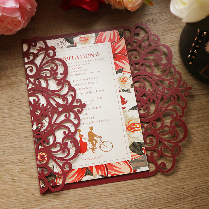 Elegant Laser Cut Floral Wedding Invitation Suite | Custom Vellum Belly Band & Shimmer Envelope
