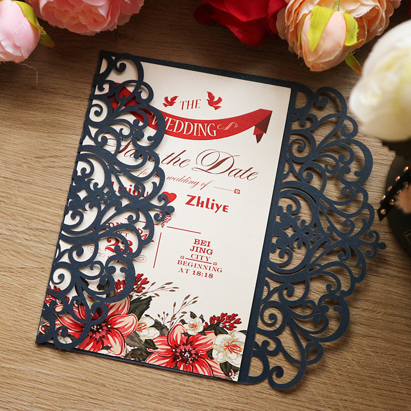 Elegant Laser Cut Floral Wedding Invitation Suite | Custom Vellum Belly Band & Shimmer Envelope