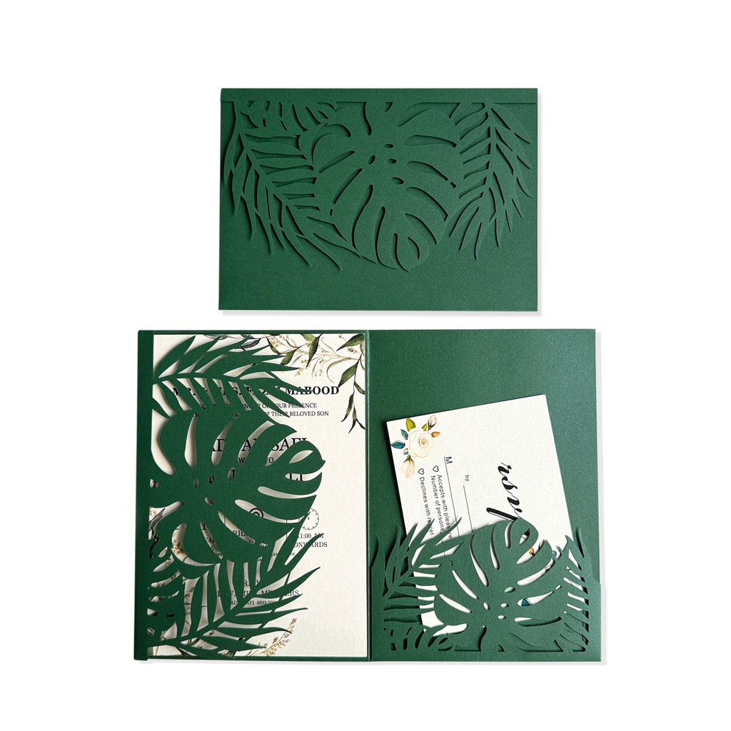 Emerald Green Tropical Leaf Laser Cut Pocket Wedding Invitation Suite