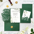 Emerald Green Tropical Leaf Laser Cut Pocket Wedding Invitation Suite