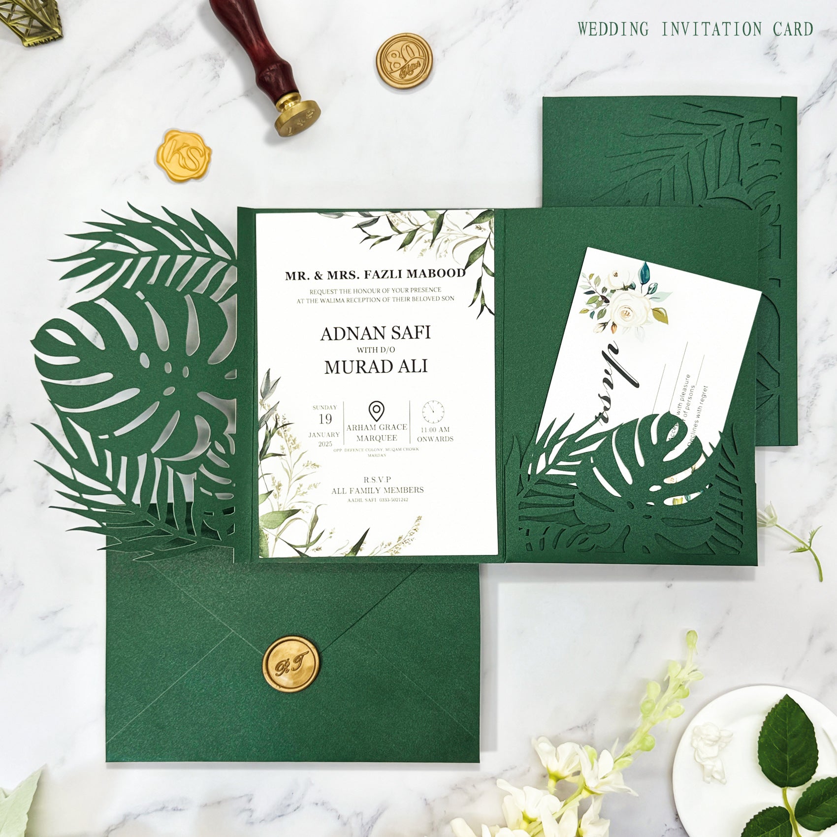 Emerald Green Tropical Leaf Laser Cut Pocket Wedding Invitation Suite