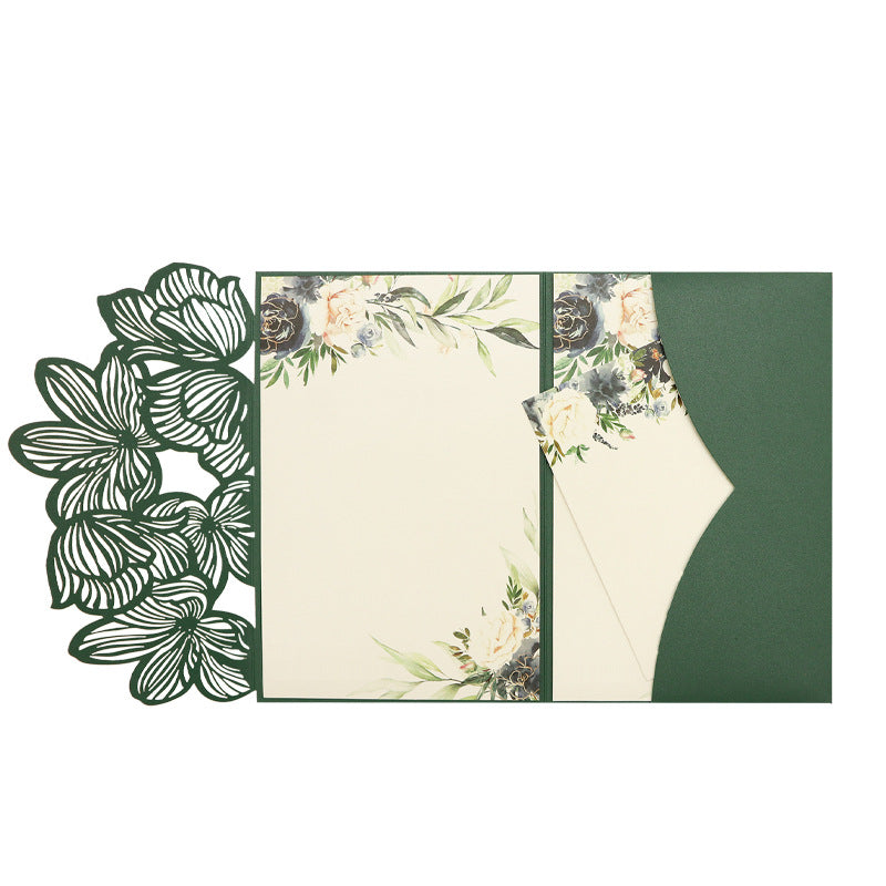 Emerald Green Laser Cut Pocket Wedding Invitations with Floral Envelope Liners & Printed Inserts