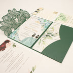 Emerald Green Laser Cut Pocket Wedding Invitations with Floral Envelope Liners & Printed Inserts