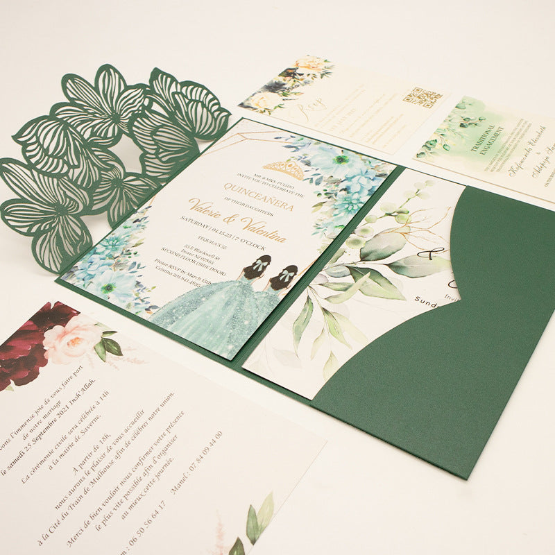 Emerald Green Laser Cut Pocket Wedding Invitations with Floral Envelope Liners & Printed Inserts