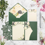 Emerald Green Laser Cut Pocket Wedding Invitations with Floral Envelope Liners & Printed Inserts