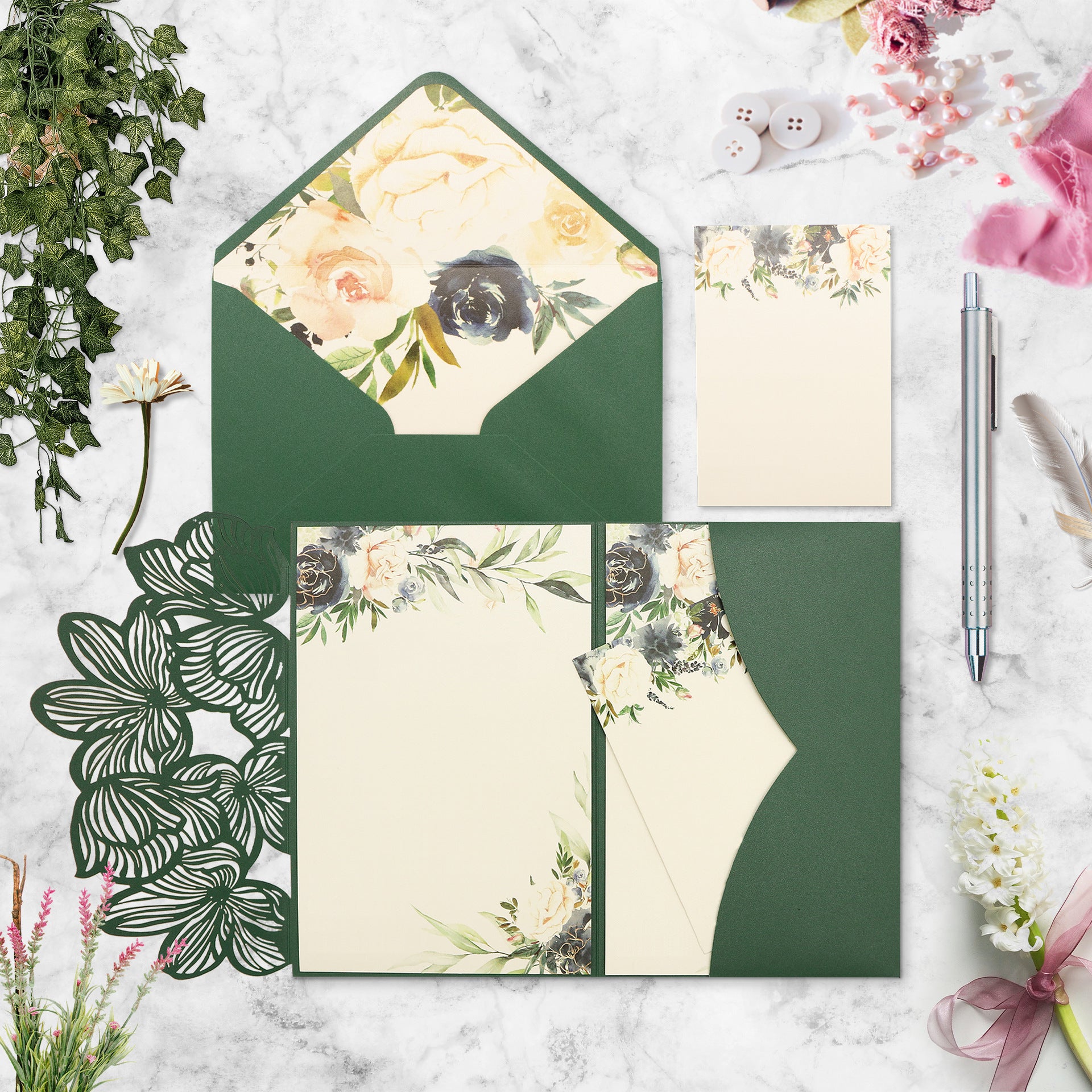 Emerald Green Laser Cut Pocket Wedding Invitations with Floral Envelope Liners & Printed Inserts