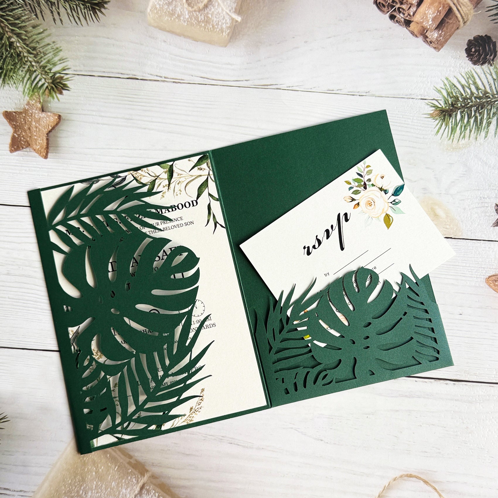 Emerald Green Tropical Leaf Laser Cut Pocket Wedding Invitation Suite