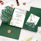 Emerald Green Tropical Leaf Laser Cut Pocket Wedding Invitation Suite