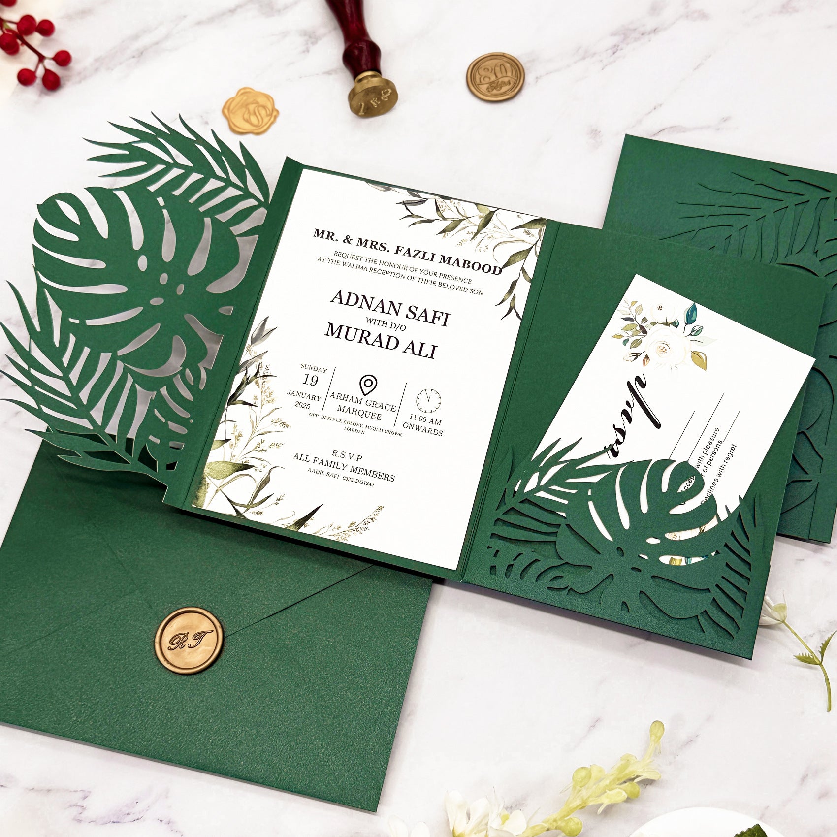 Emerald Green Tropical Leaf Laser Cut Pocket Wedding Invitation Suite