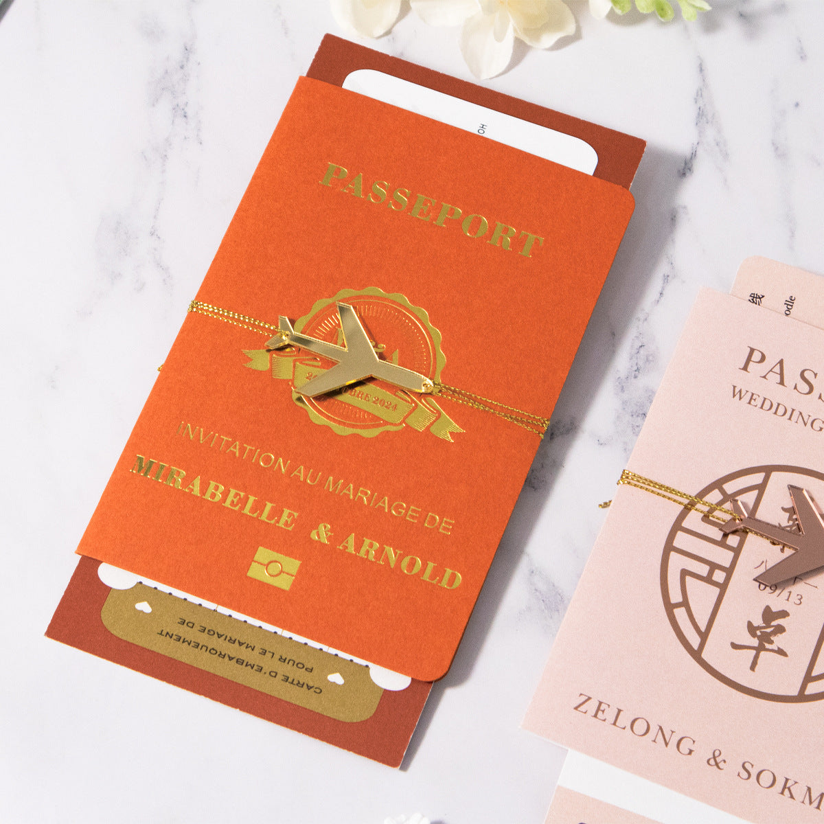 Travel-Themed Wedding Invitation Set – Passport Style with Boarding Pass & Airplane Charm
