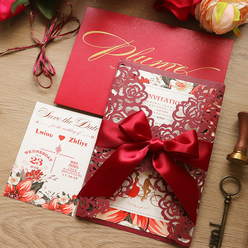 Elegant Laser Cut Floral Wedding Invitation Suite | Custom Vellum Belly Band & Shimmer Envelope