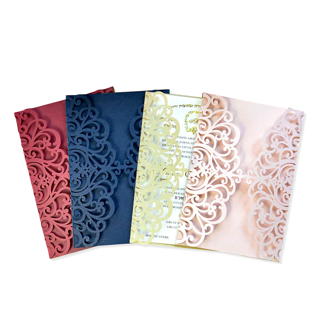 Elegant Laser Cut Floral Wedding Invitation Suite | Custom Vellum Belly Band & Shimmer Envelope