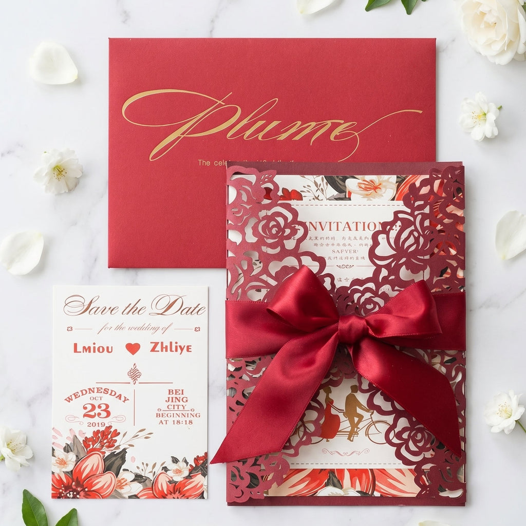Elegant Laser Cut Floral Wedding Invitation Suite | Custom Vellum Belly Band & Shimmer Envelope
