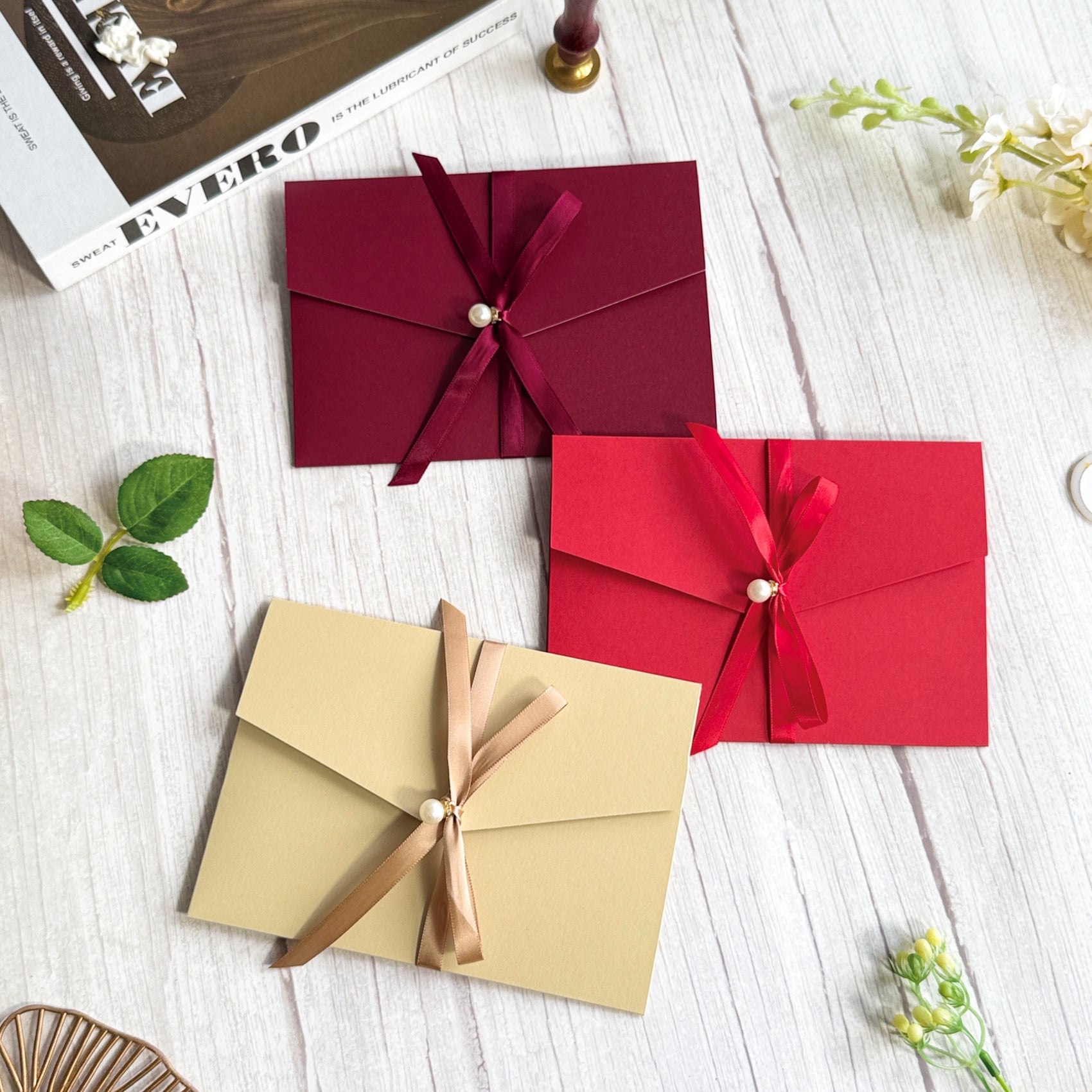 Custom Pocket Fold Wedding Invitation Suite with Floral Inserts & Ribbon