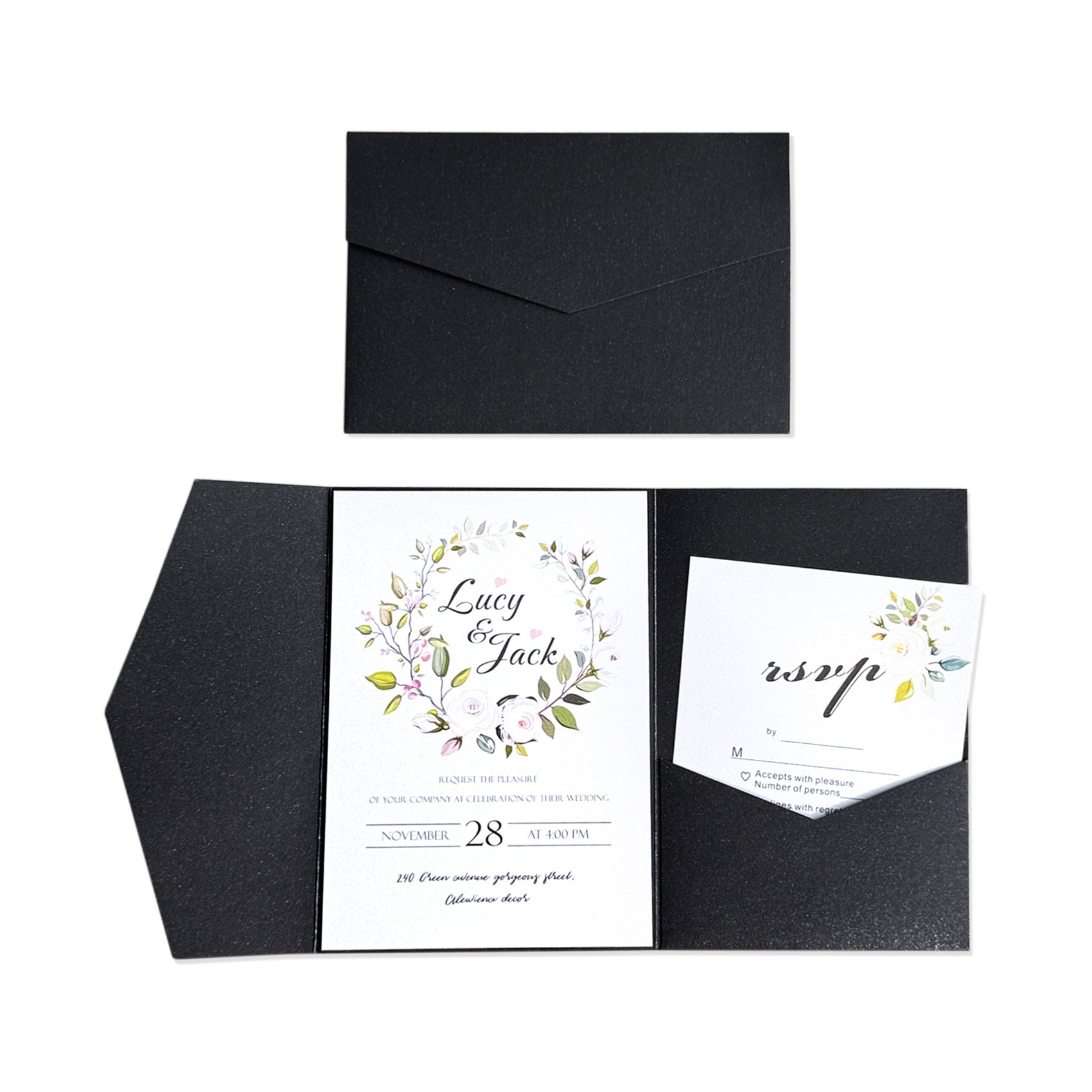 Custom Pocket Fold Wedding Invitation Suite with Floral Inserts & Ribbon