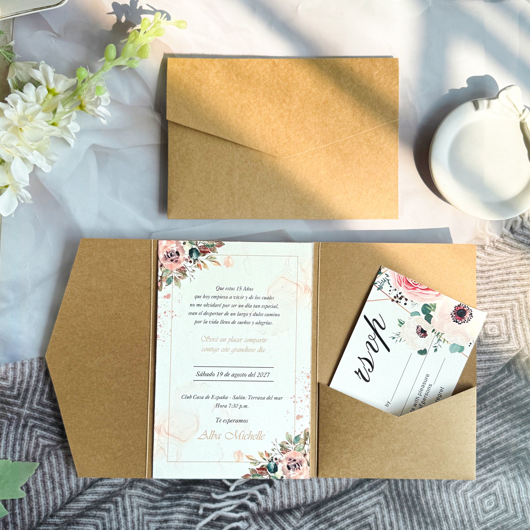 Custom Pocket Fold Wedding Invitation Suite with Floral Inserts & Ribbon